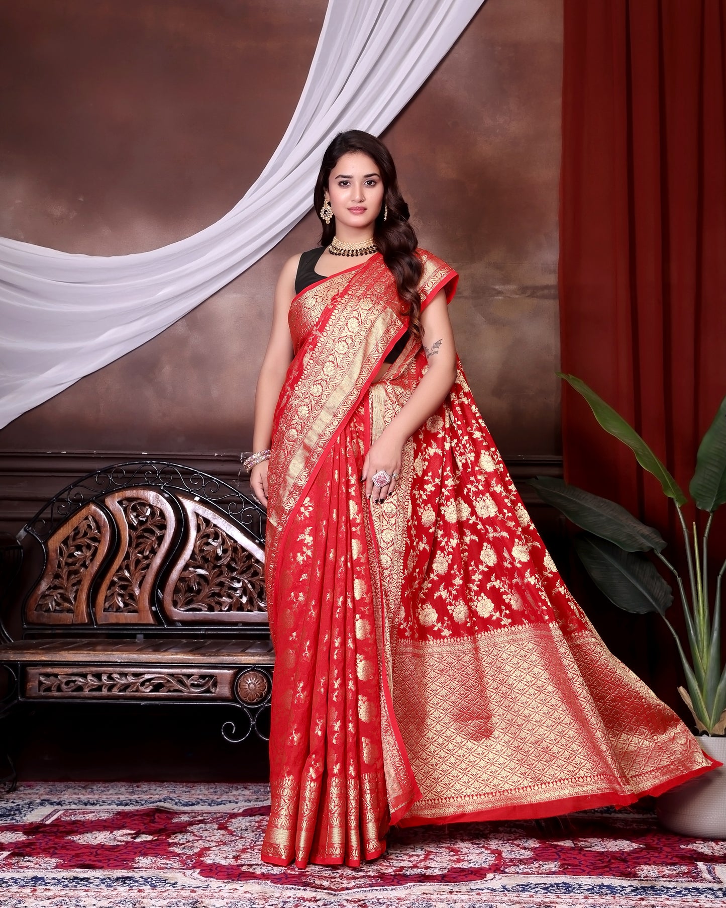 Red Jaal Katan Georgette Silk