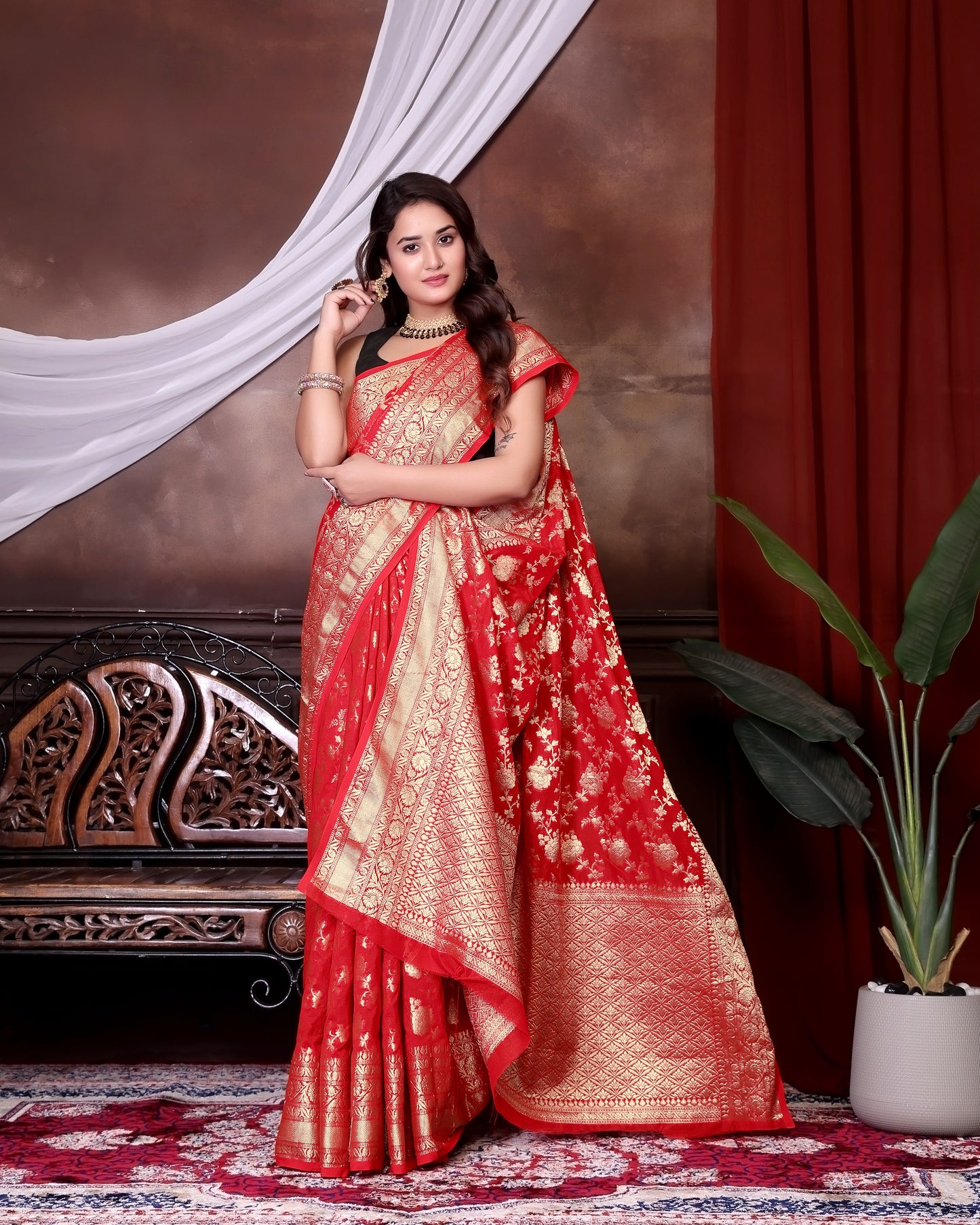 Red Jaal Katan Georgette Silk