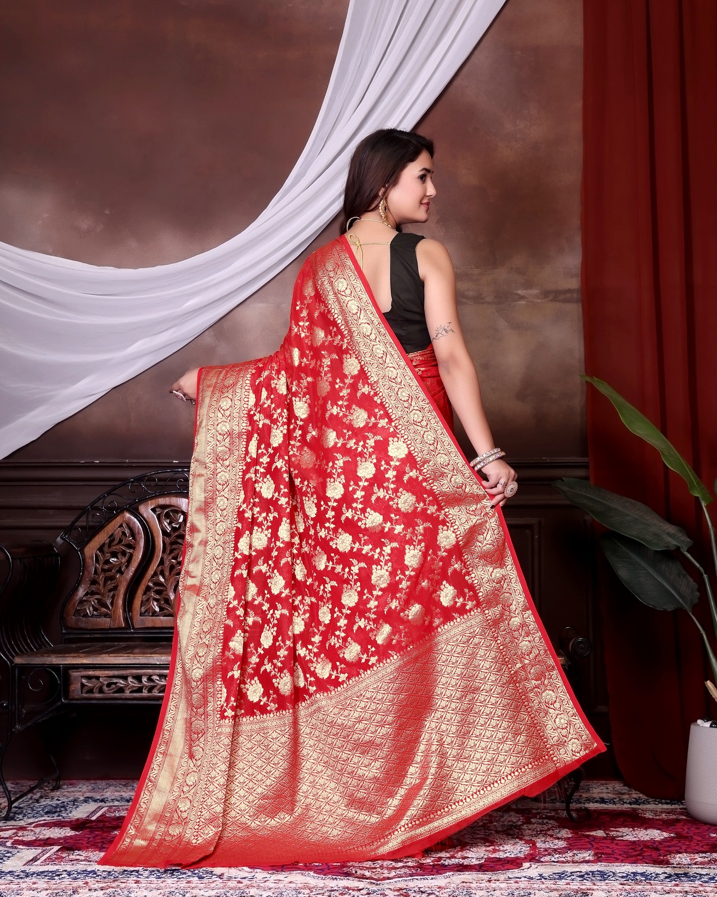Red Jaal Katan Georgette Silk