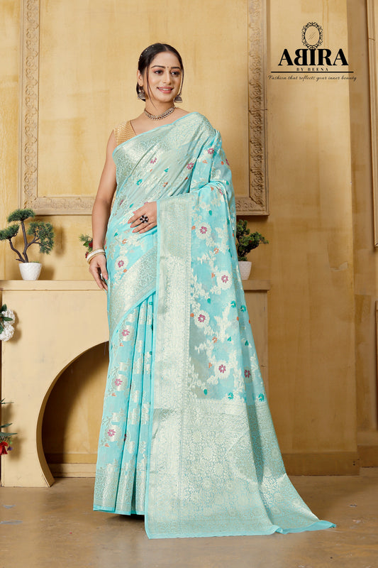 Aqua Blue Banaras Soft Georgette Jaal silk - AbirabyBeena