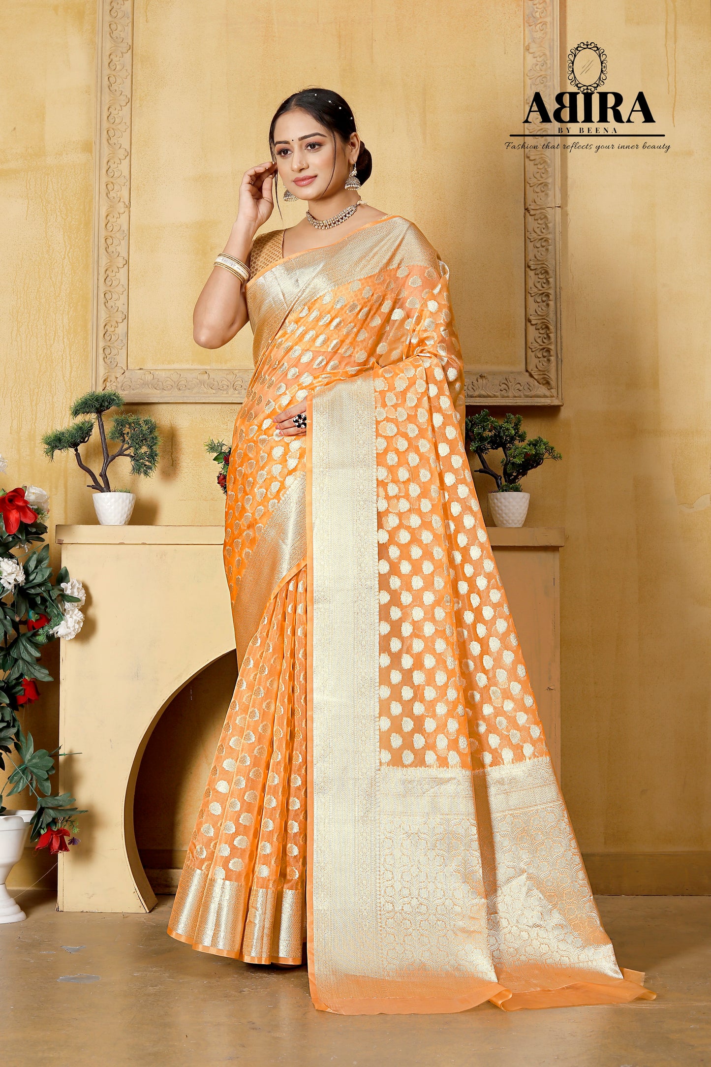 Light Orange Banaras Kora Organza silk