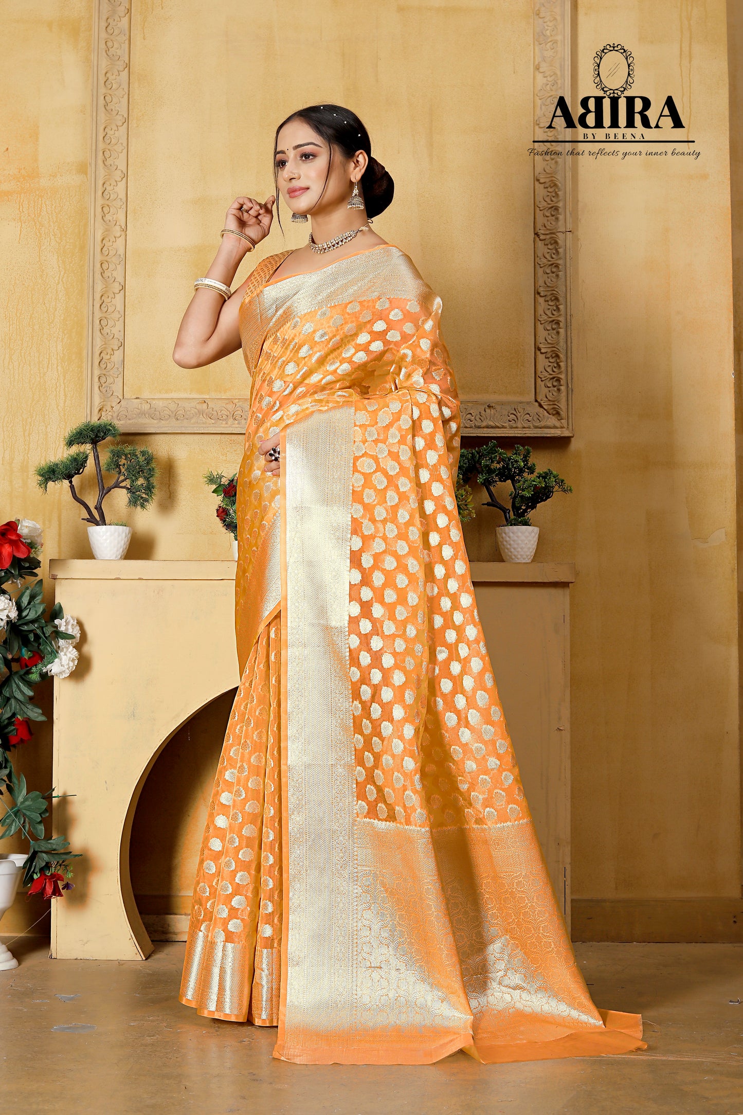 Light Orange Banaras Kora Organza silk