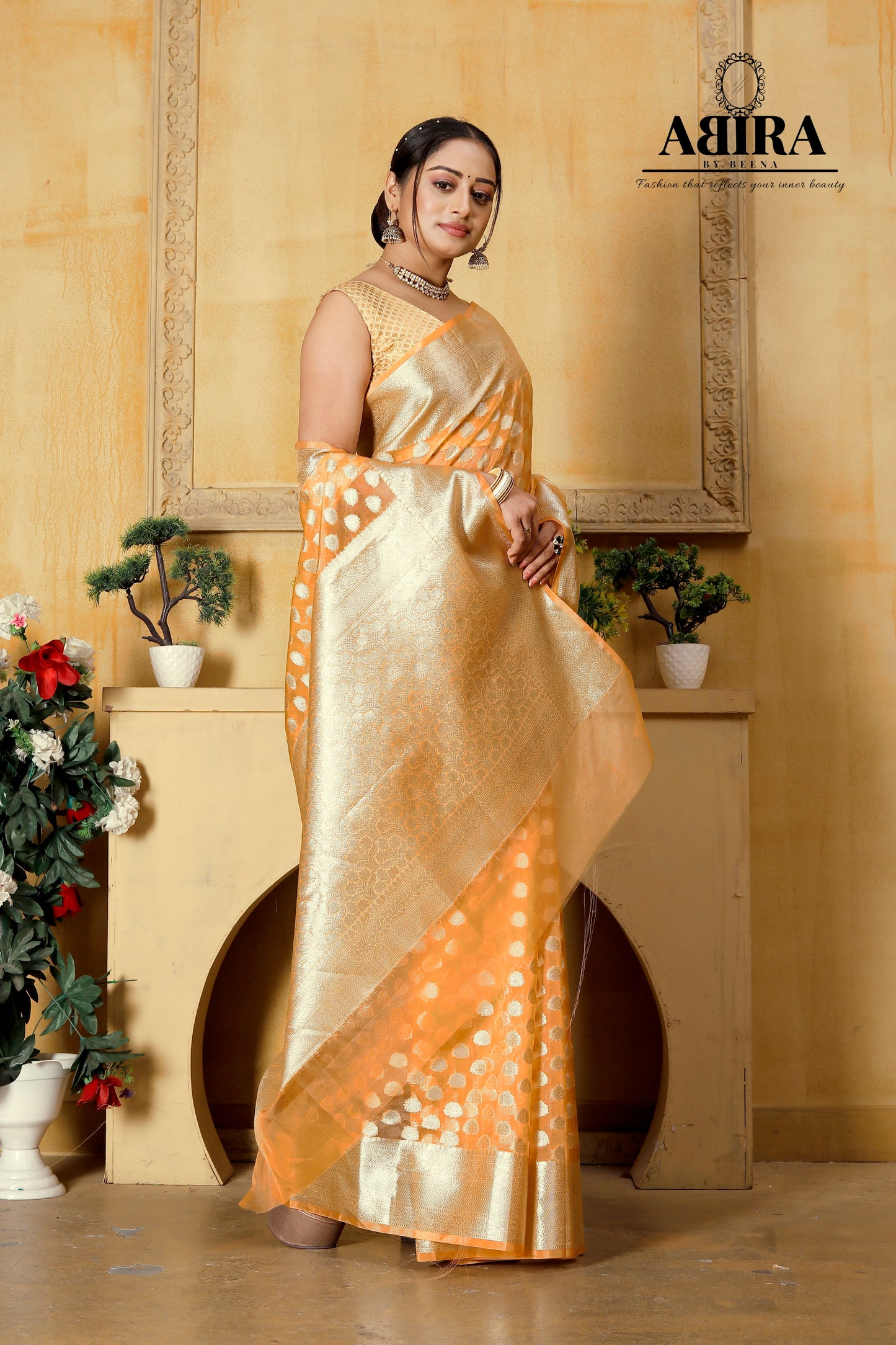 Light Orange Banaras Kora Organza silk