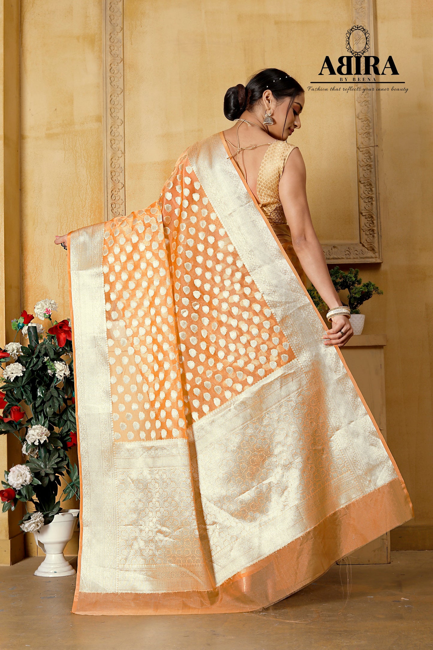 Light Orange Banaras Kora Organza silk