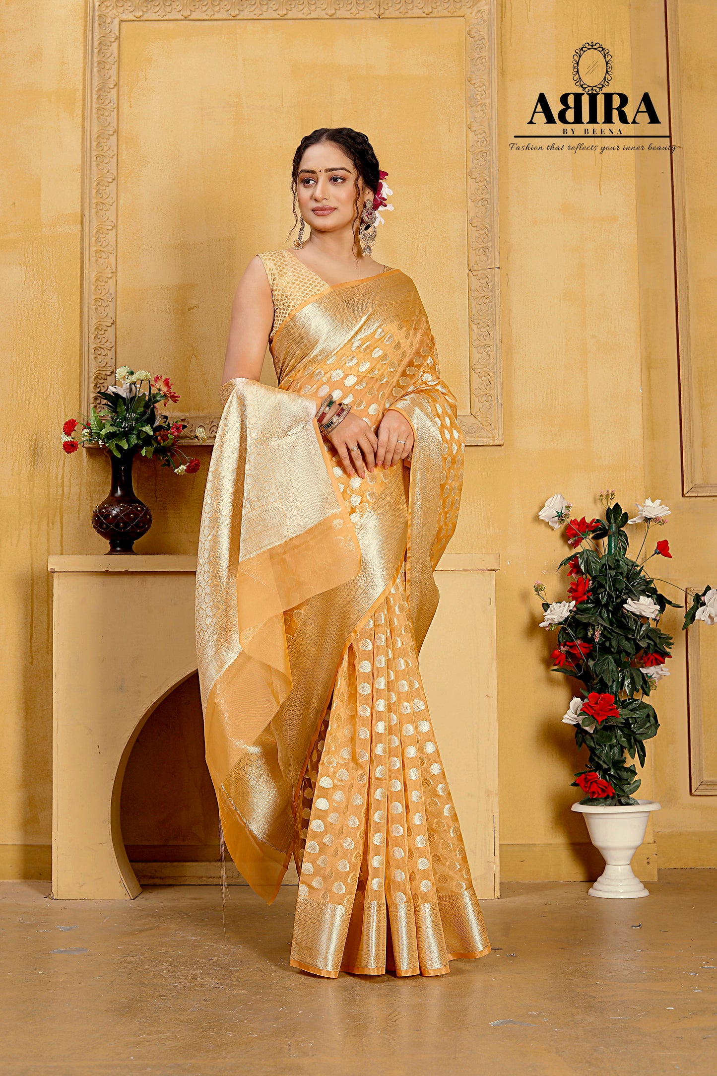Light Orange Banaras Kora Organza silk