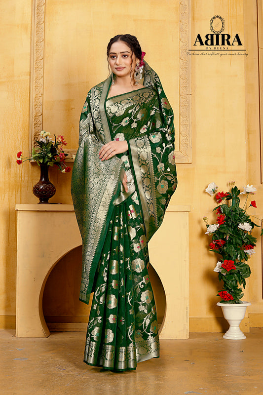 Bottle Green Banaras Soft Georgette Jaal silk - AbirabyBeena