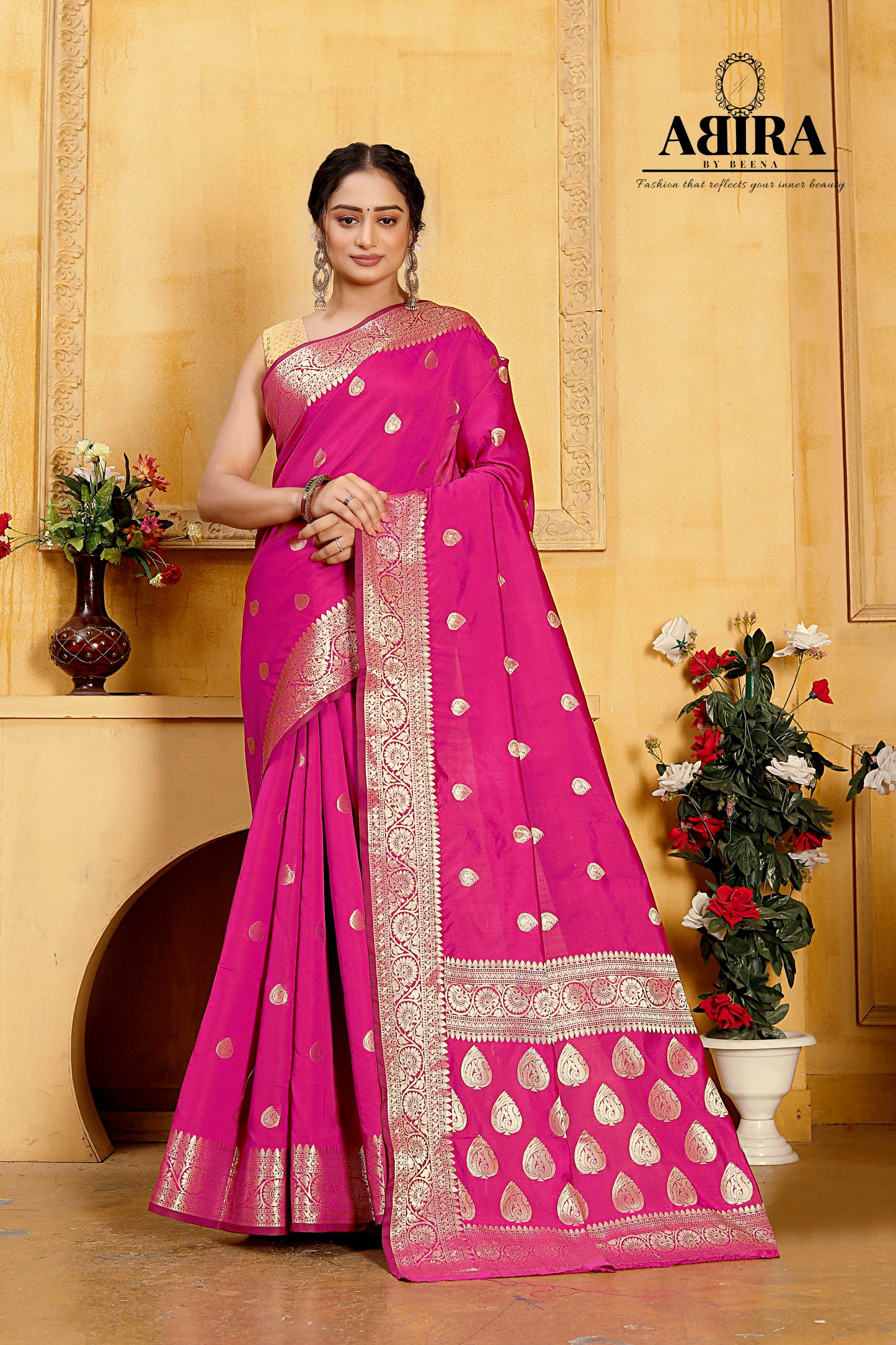 Fluorescent Pink Banaras Soft Katan silk