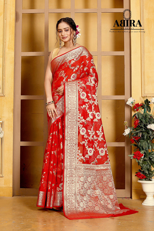 Red Banaras Soft Georgette Jaal silk - AbirabyBeena