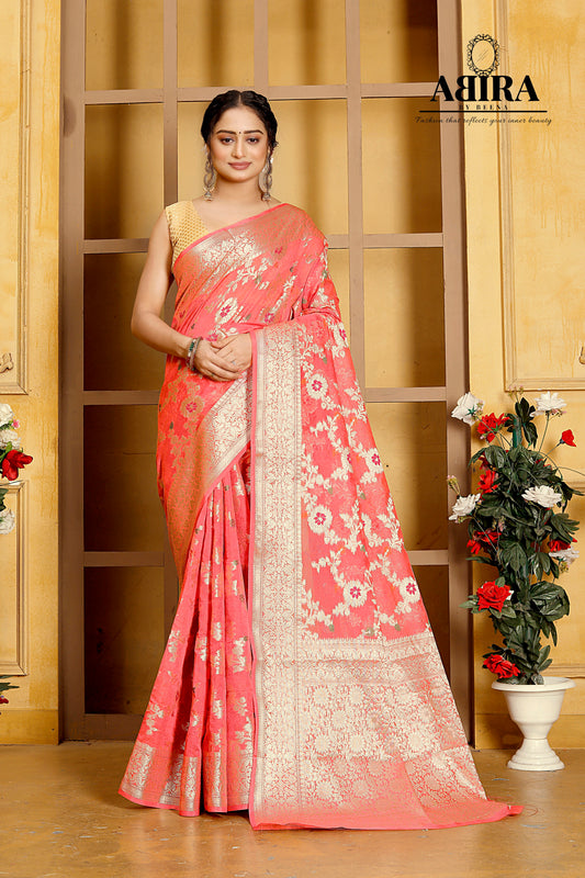 Raspberry red Banaras Soft Georgette Jaal silk - AbirabyBeena