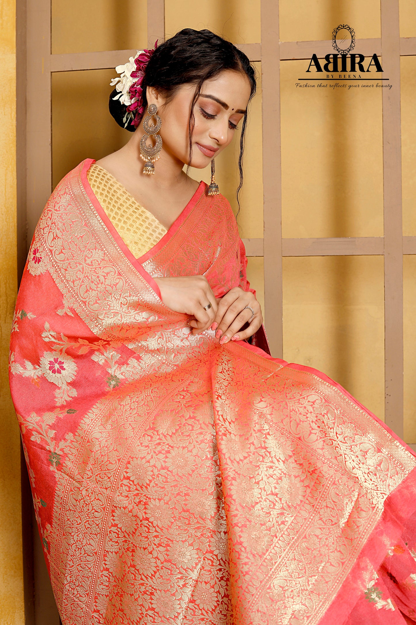 Raspberry red Banaras Soft Georgette Jaal silk - AbirabyBeena