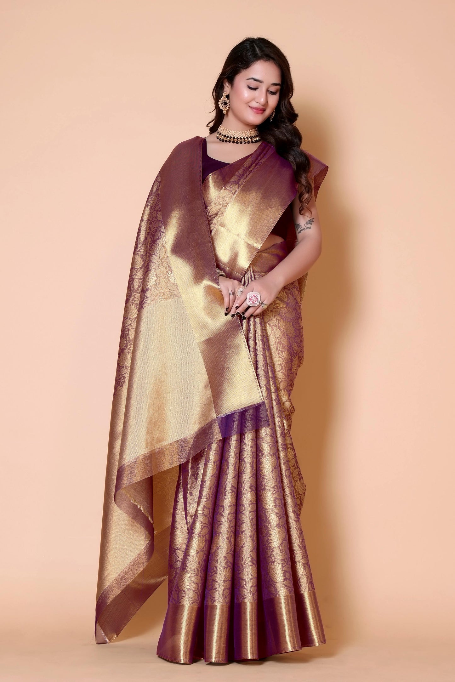 Nita ambani TISSUE gold silk Saree - Purple