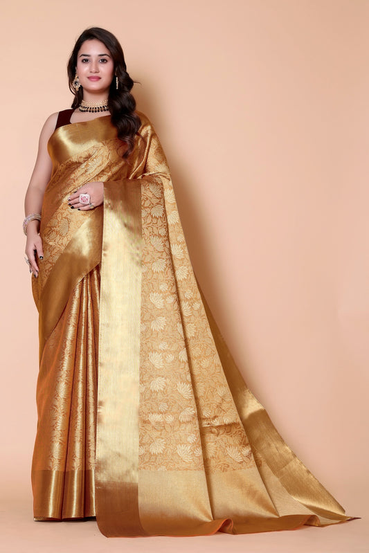 Nita ambani TISSUE gold silk Saree - orange