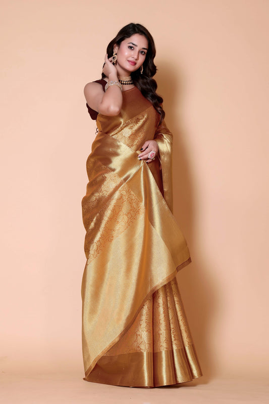 Nita ambani TISSUE gold silk Saree - orange