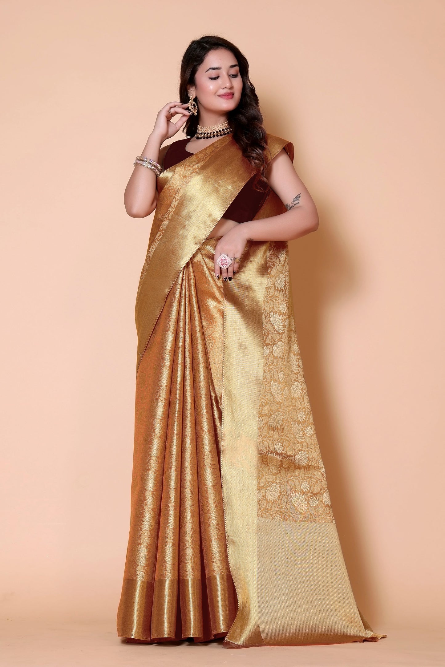Nita ambani TISSUE gold silk Saree - orange