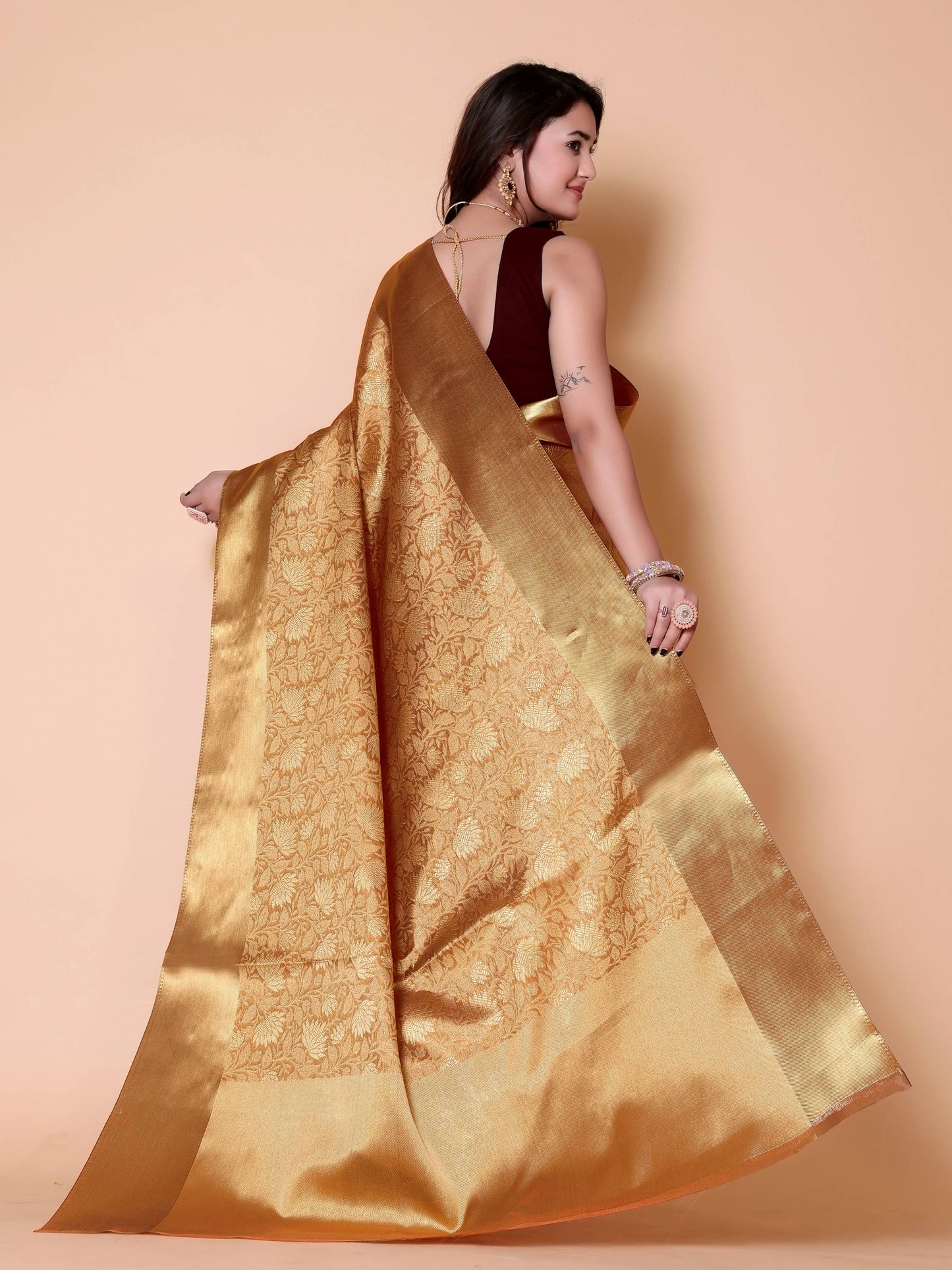 Nita ambani TISSUE gold silk Saree - orange