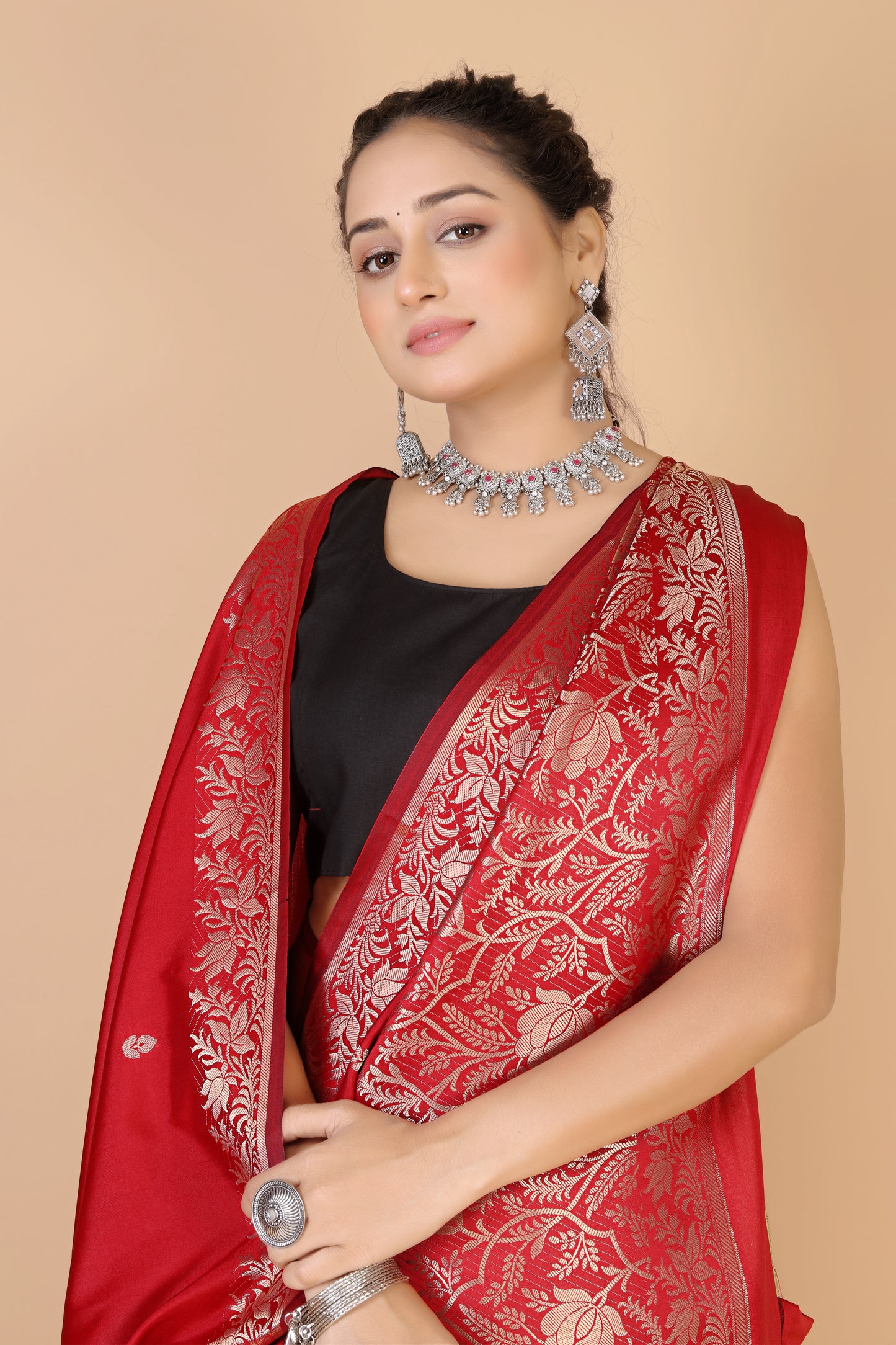 Red Semi Katan Soft silk Saree-Rupa
