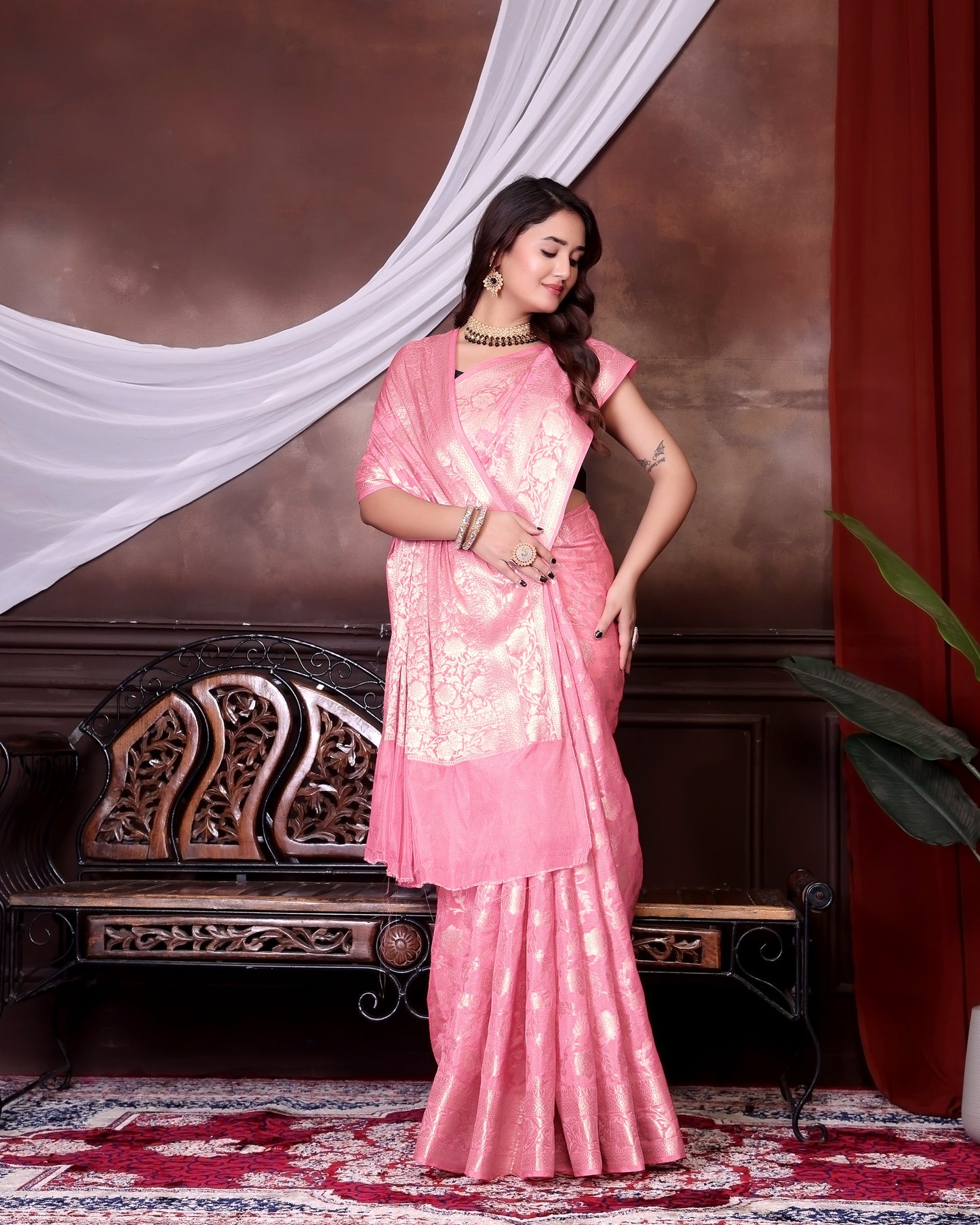 Pink Jaal Katan Georgette Silk
