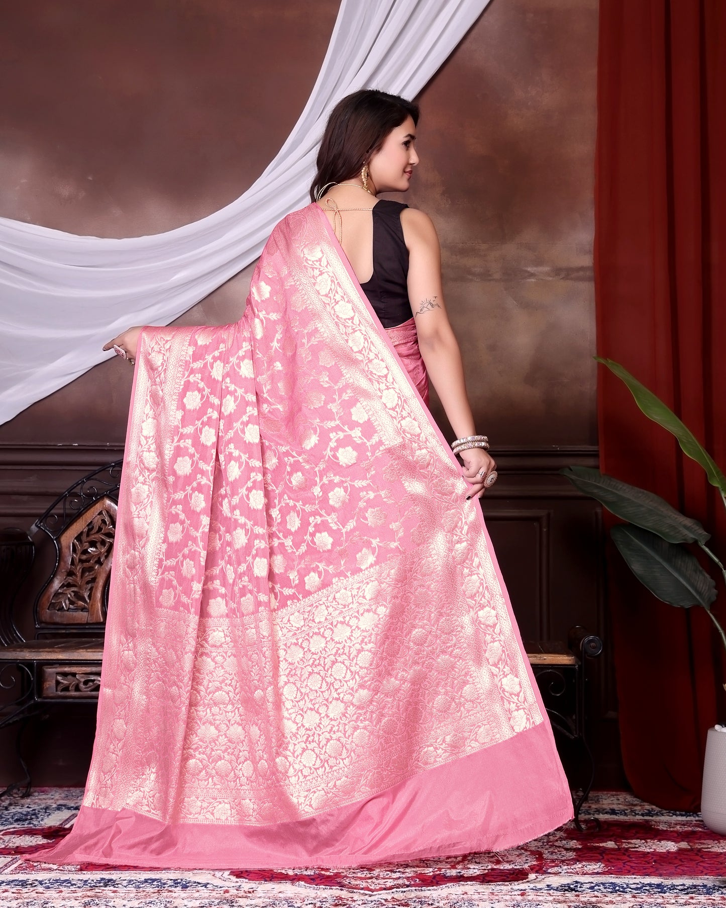Pink Jaal Katan Georgette Silk