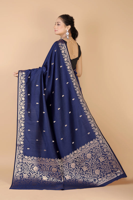 Navy Blue Semi Katan Soft silk Saree-Rupa