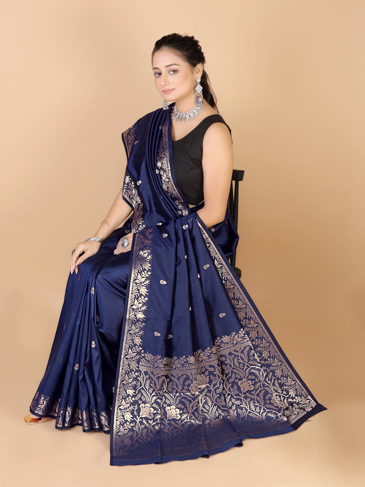 Navy Blue Semi Katan Soft silk Saree-Rupa