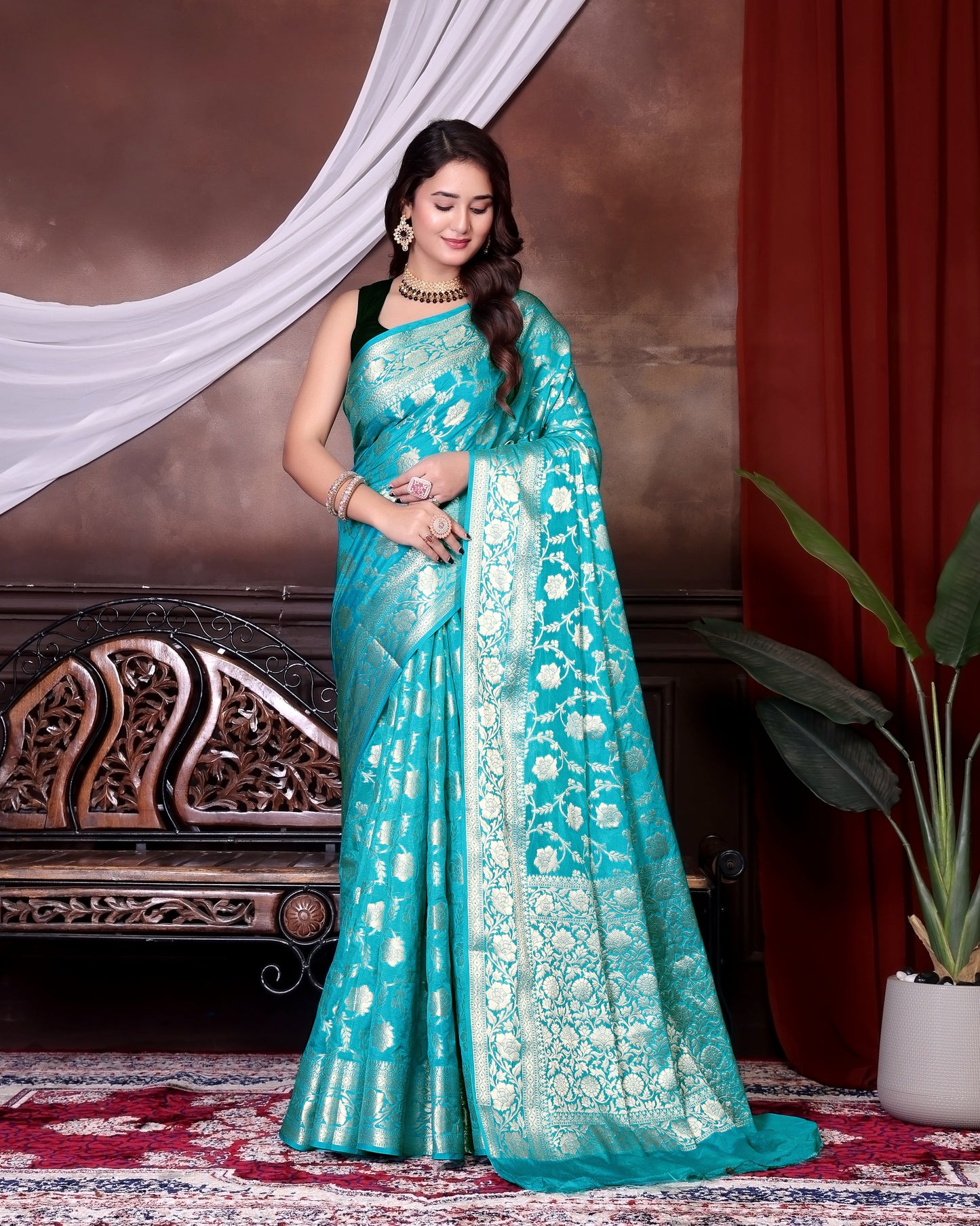 Sky Blue Jaal Katan Georgette Silk