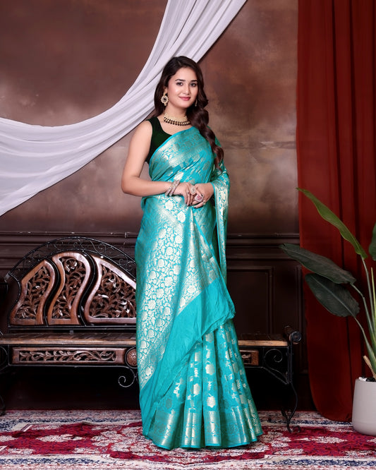 Sky Blue Jaal Katan Georgette Silk