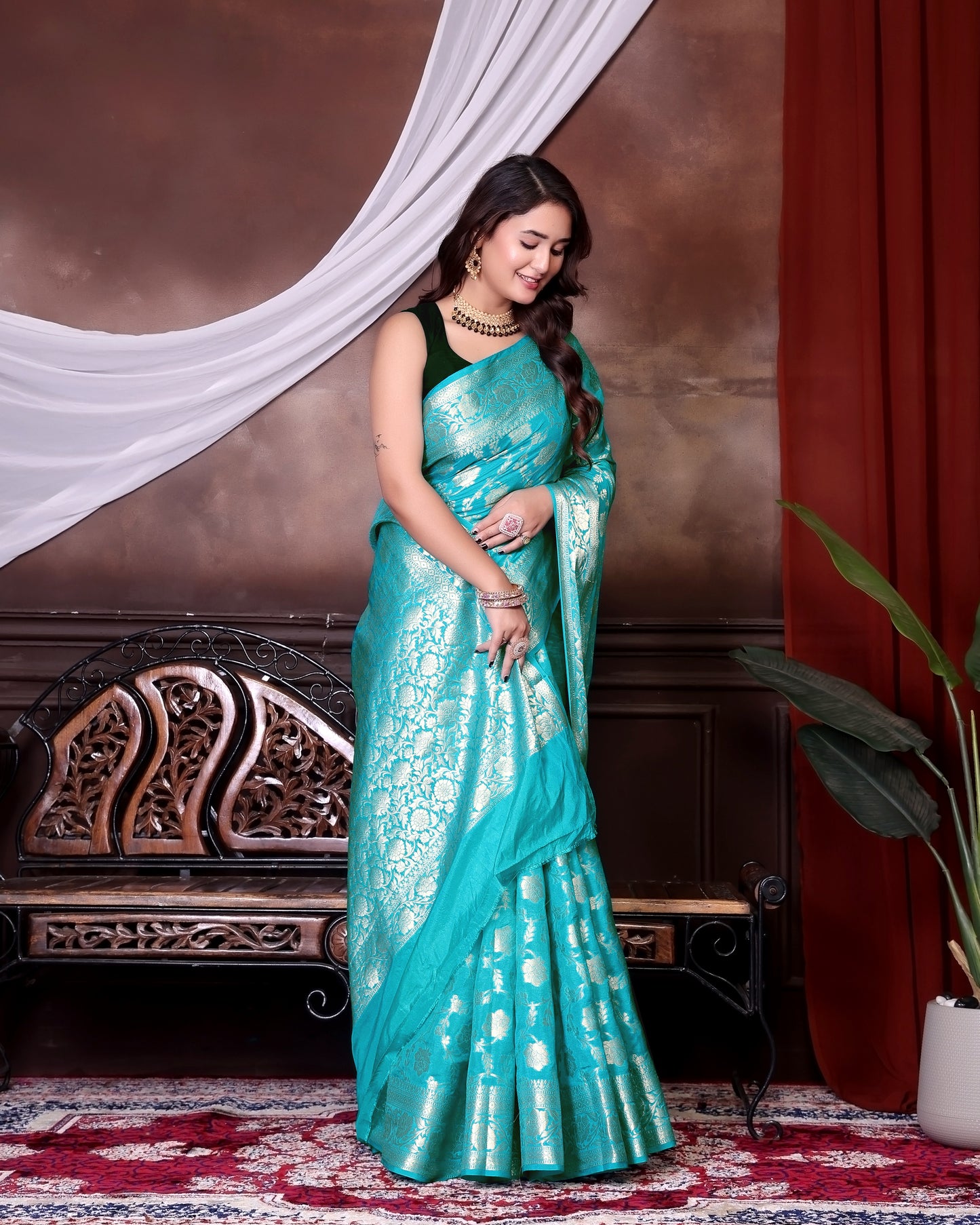 Sky Blue Jaal Katan Georgette Silk