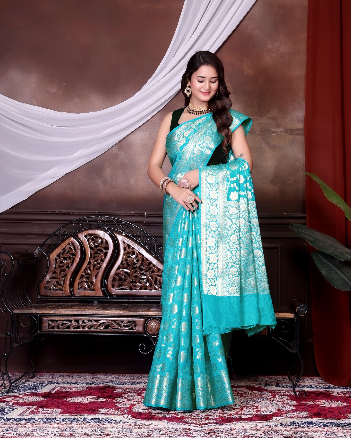 Sky Blue Jaal Katan Georgette Silk