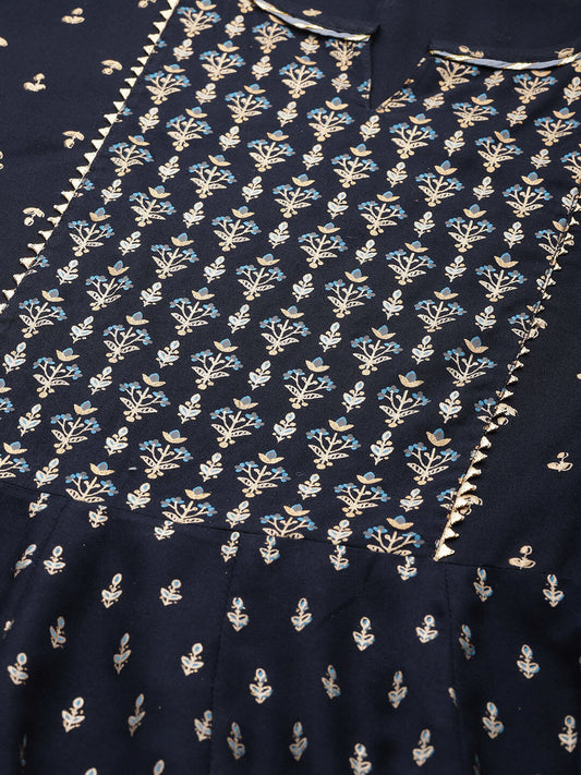 Blue Rayon Gold Printed & Gota Work Anarkali Kurta - AbirabyBeena