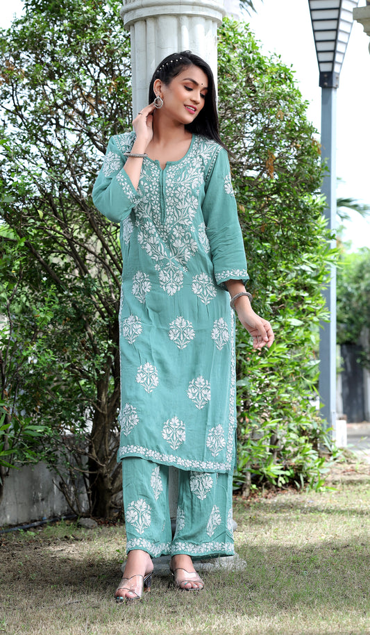Sea Green Chikankari Modal Straight Kurta Set - AbirabyBeena