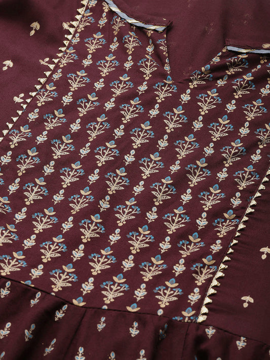 Maroon Rayon Gold Printed & Gota Work Anarkali Kurta - AbirabyBeena