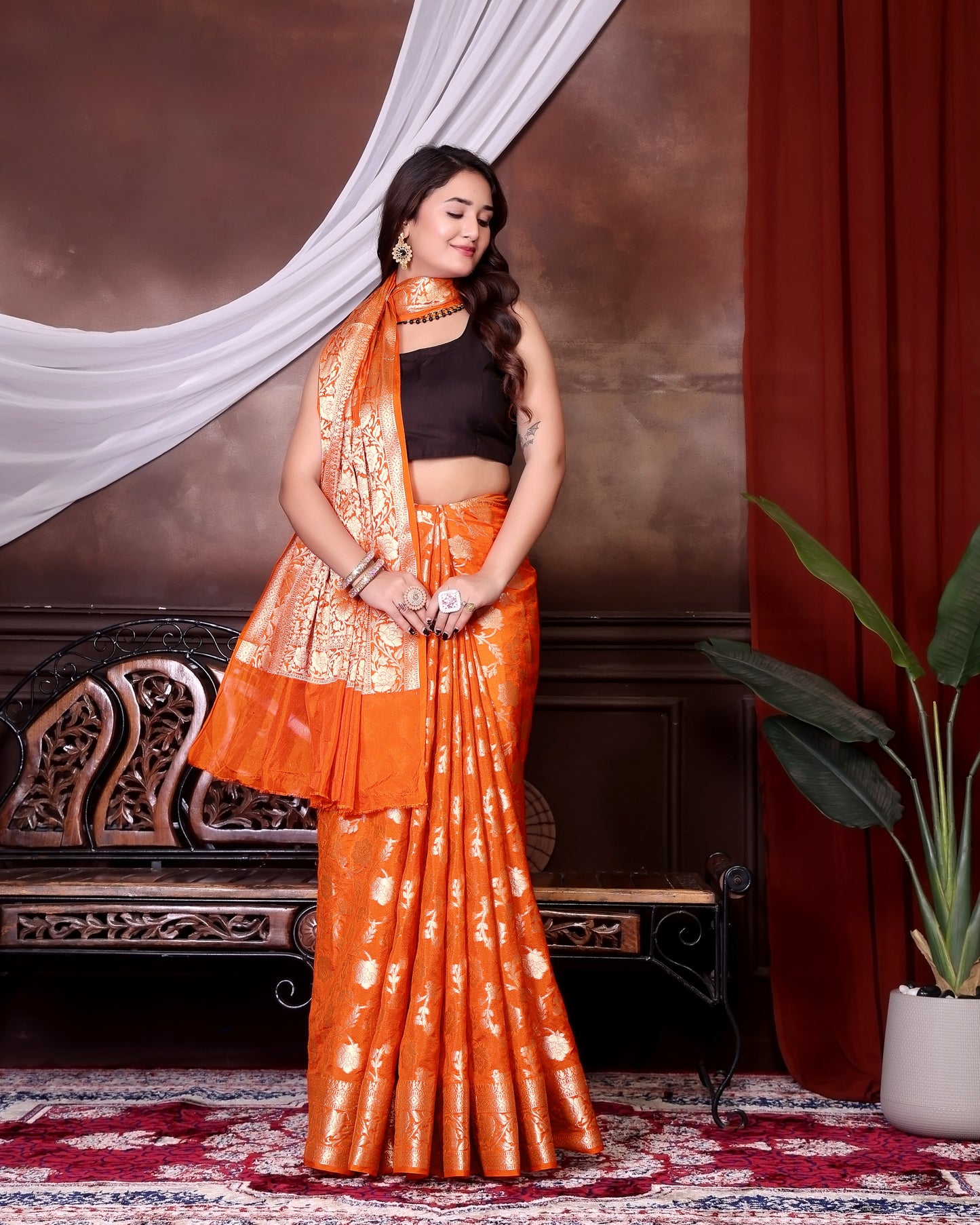 Orange Jaal Katan Georgette Silk