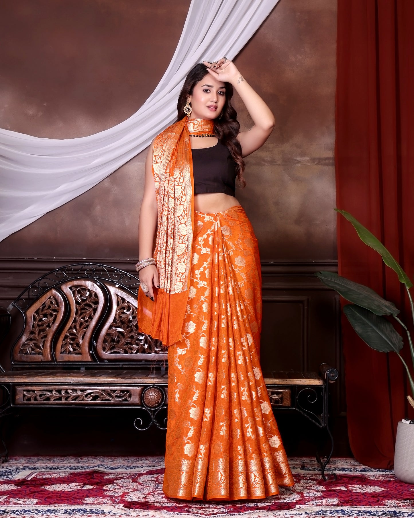 Orange Jaal Katan Georgette Silk