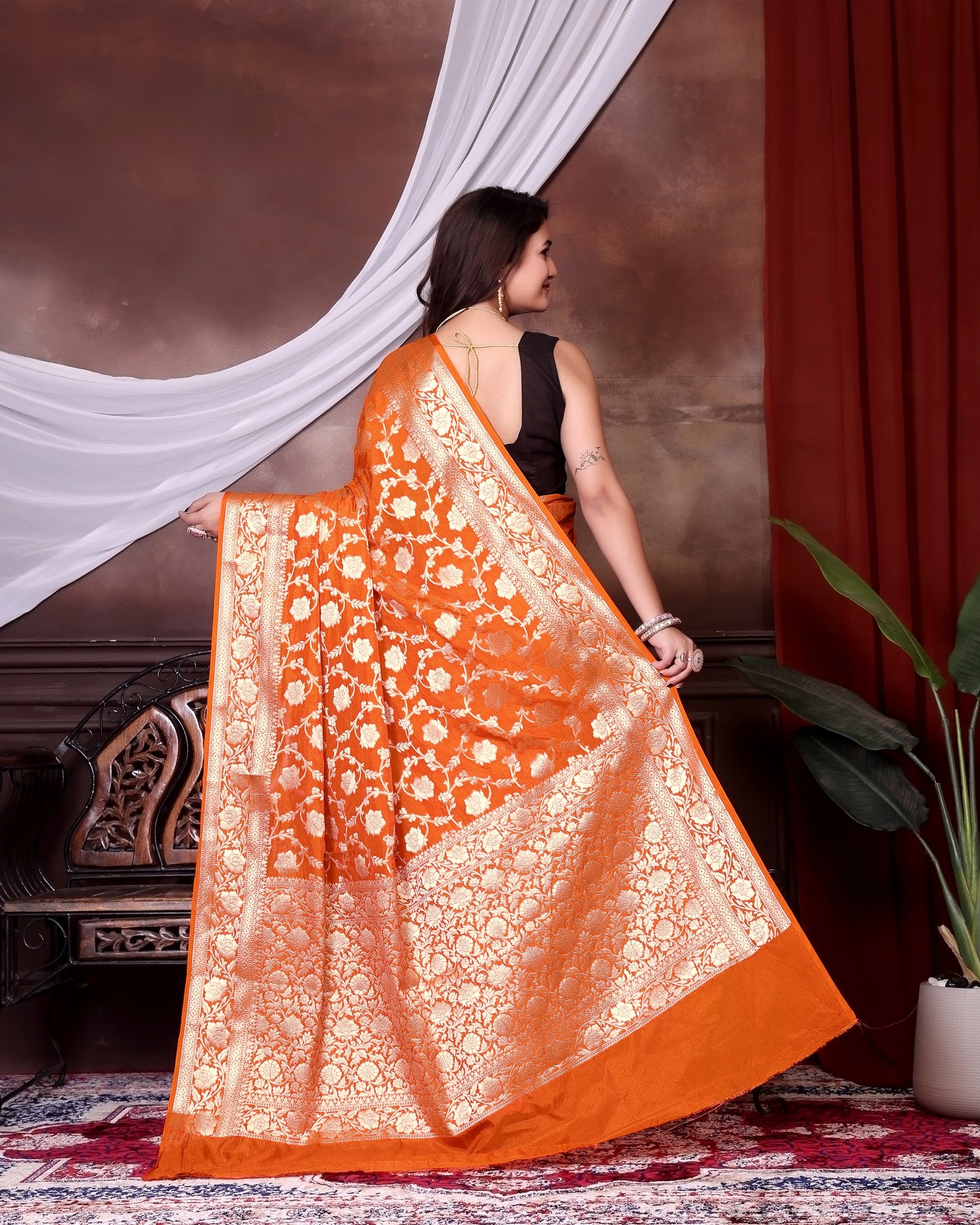 Orange Jaal Katan Georgette Silk