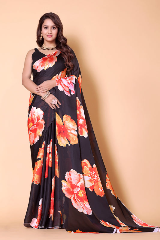 Printed Crepe Silk Saree - Black Flowerer