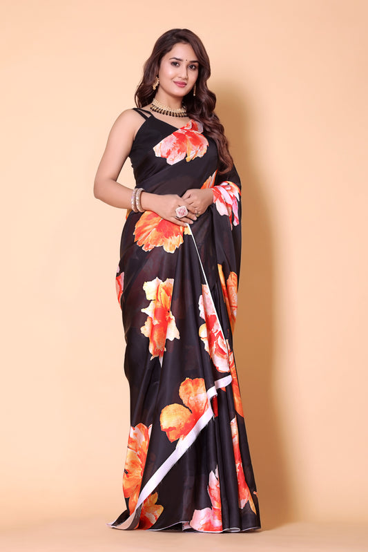 Printed Crepe Silk Saree - Black Flowerer