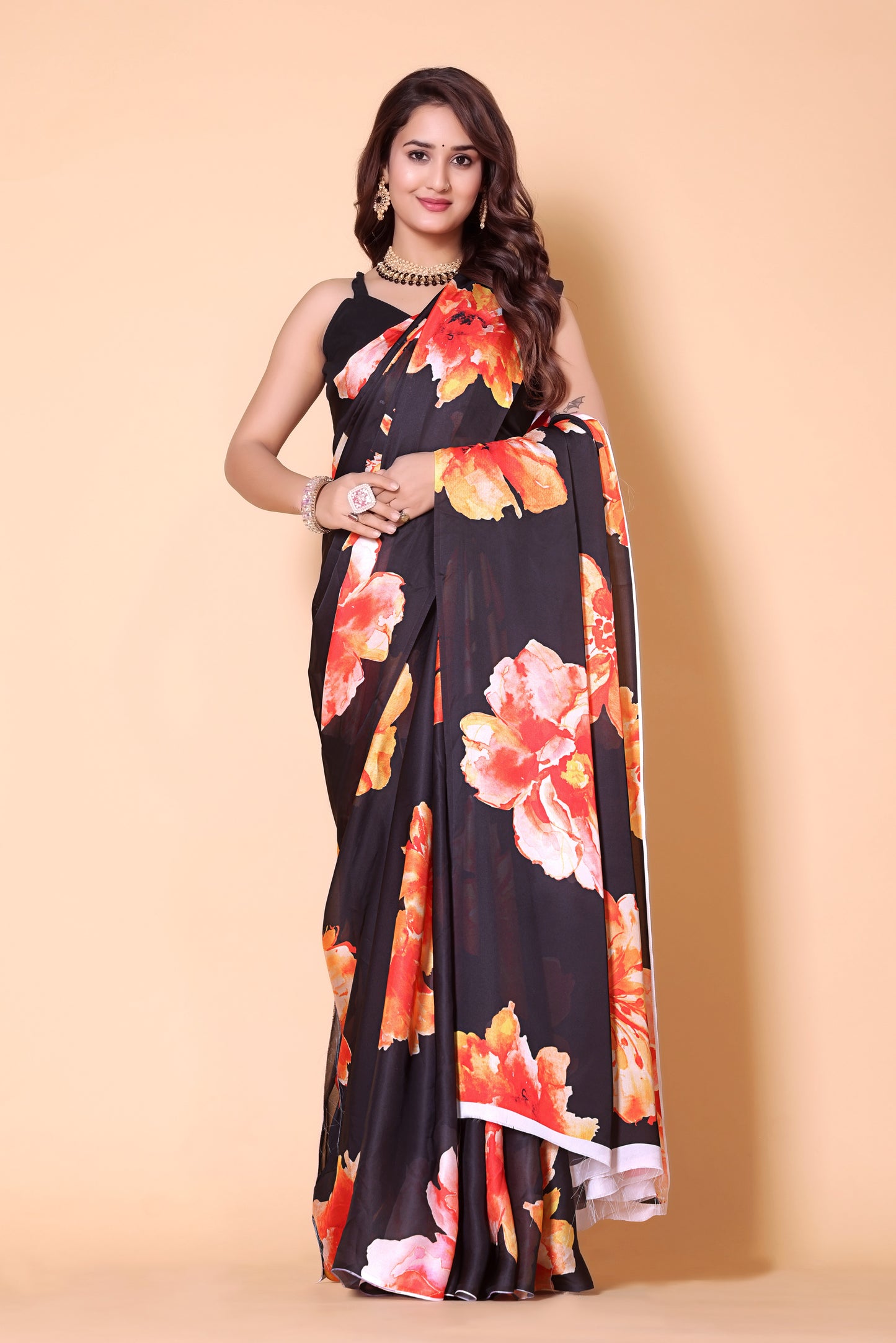 Printed Crepe Silk Saree - Black Flowerer