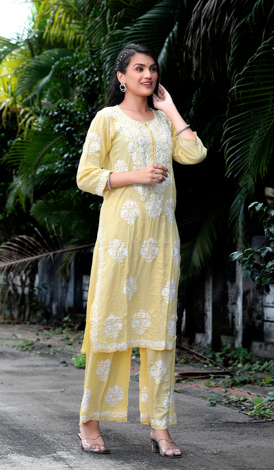 Yellow Chikankari Modal Straight Kurta Set - AbirabyBeena