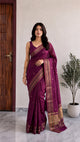 Wine magenta Maheshwari cotton-silk saree with gold-toned woven border, front view