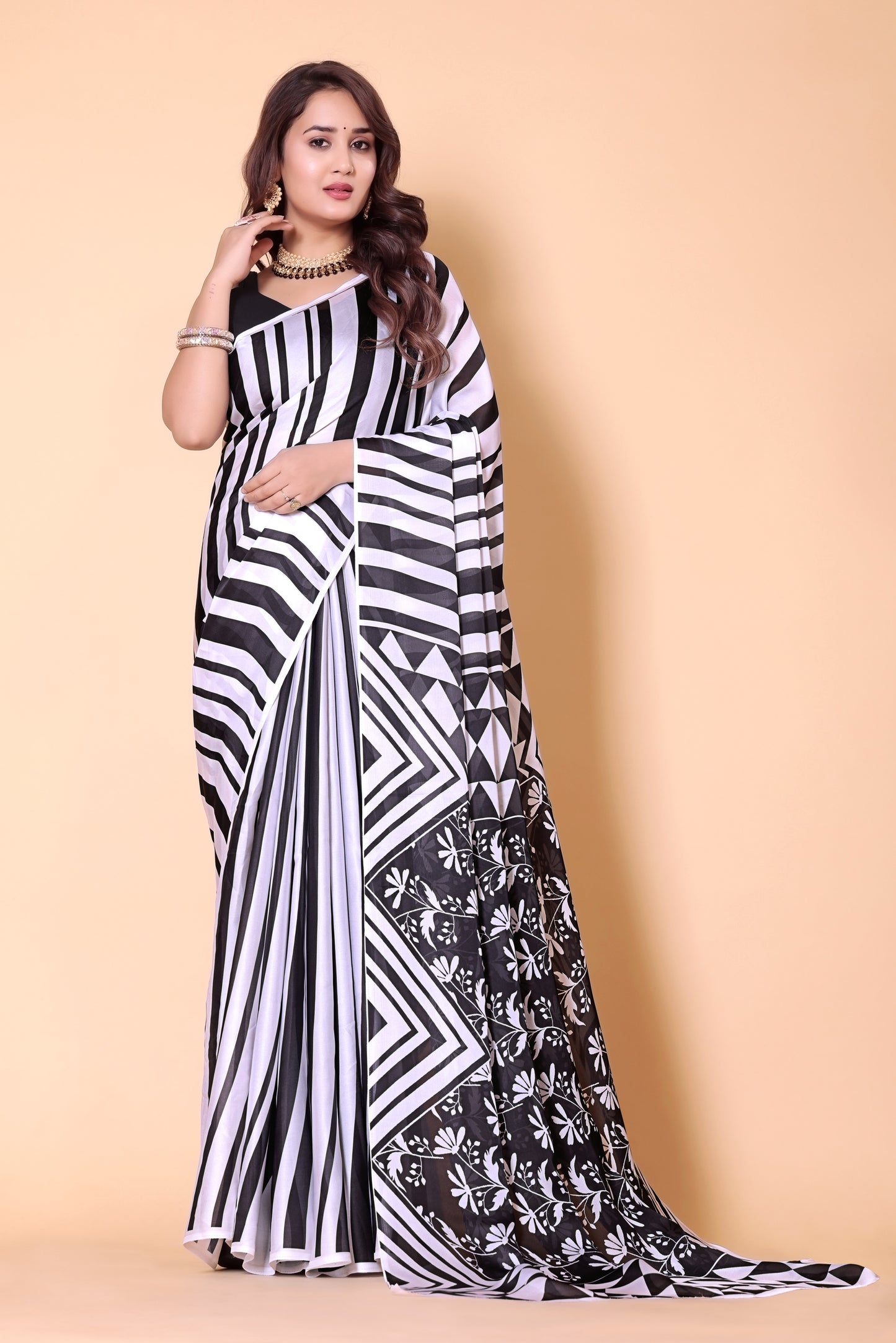 Printed Crepe Silk Saree - Black White strips