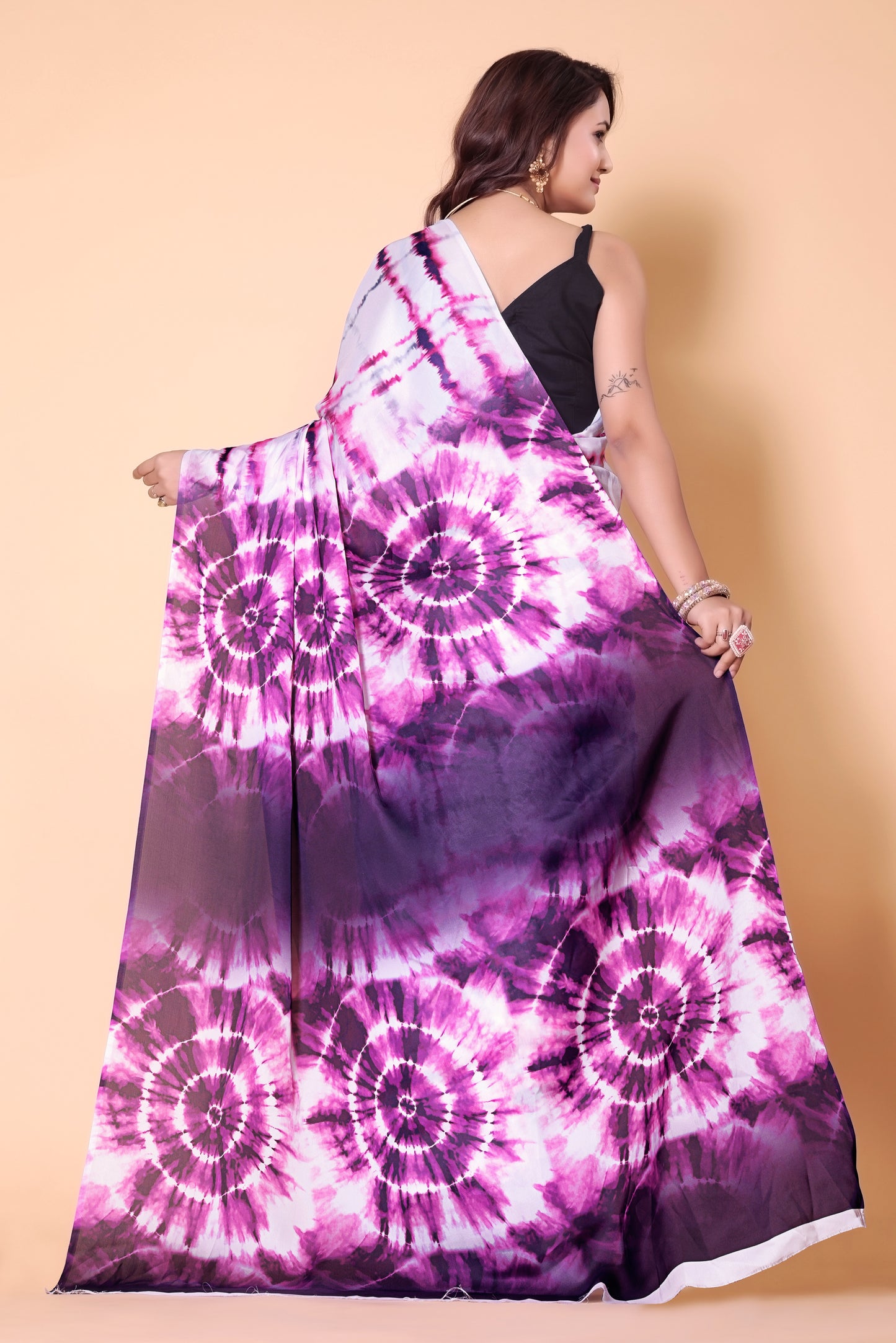 Printed Crepe Silk Saree - Purple-White