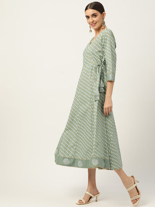 Green & White Printed Cotton Flared Kurta with Dupatta - AbirabyBeena