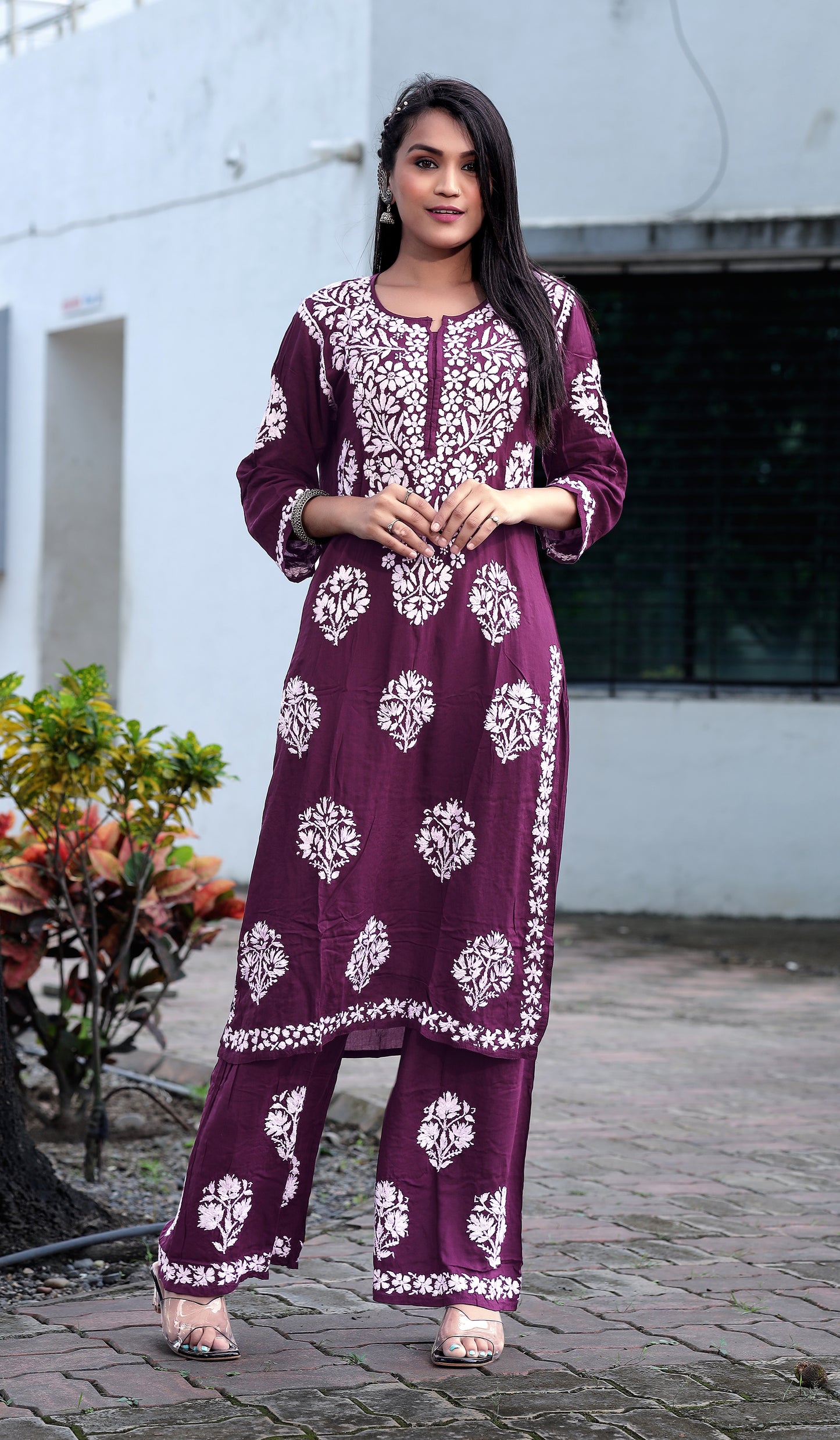 Wine Chikankari Modal Straight Kurta Set
