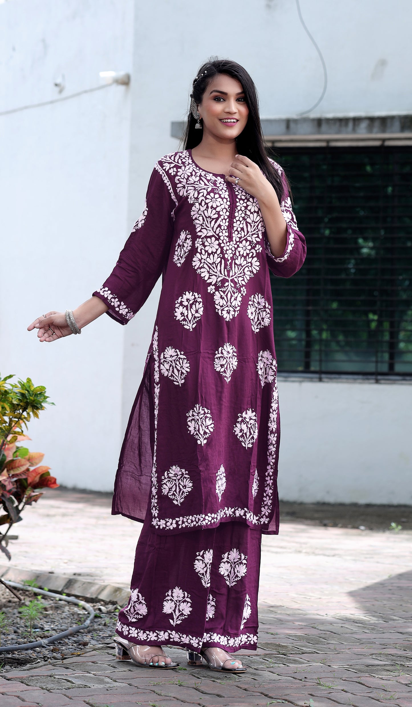 Wine Chikankari Modal Straight Kurta Set