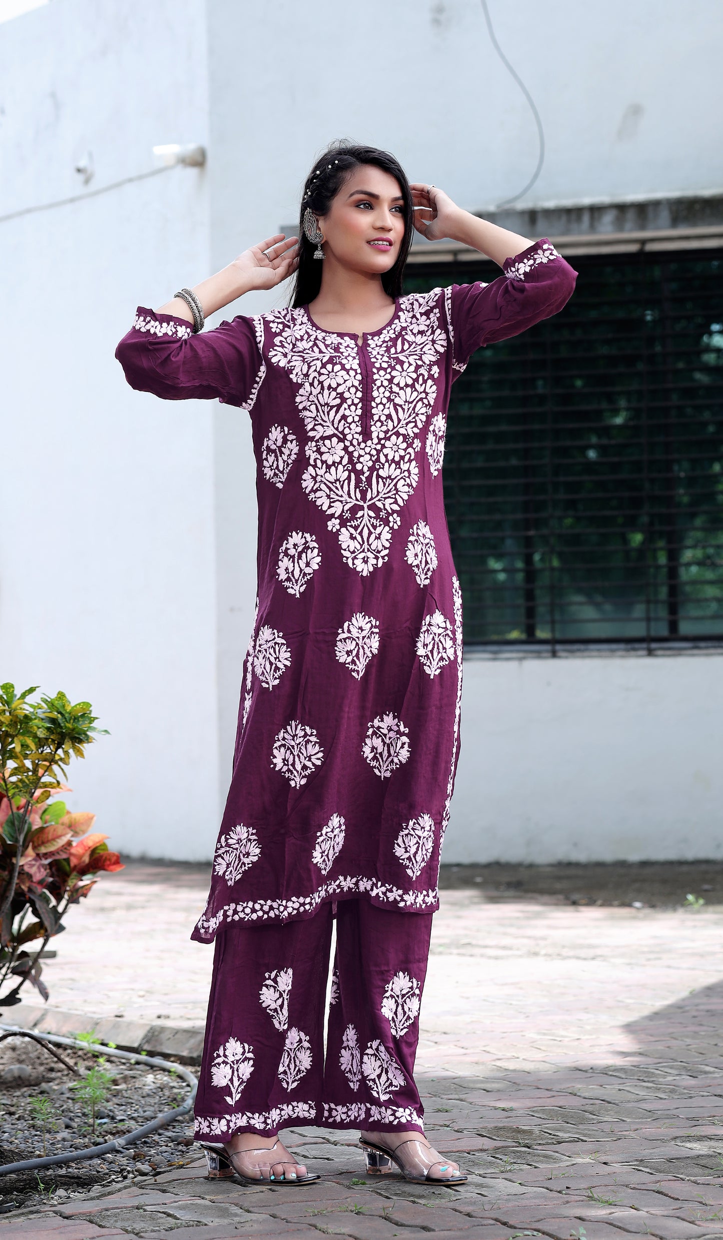 Wine Chikankari Modal Straight Kurta Set
