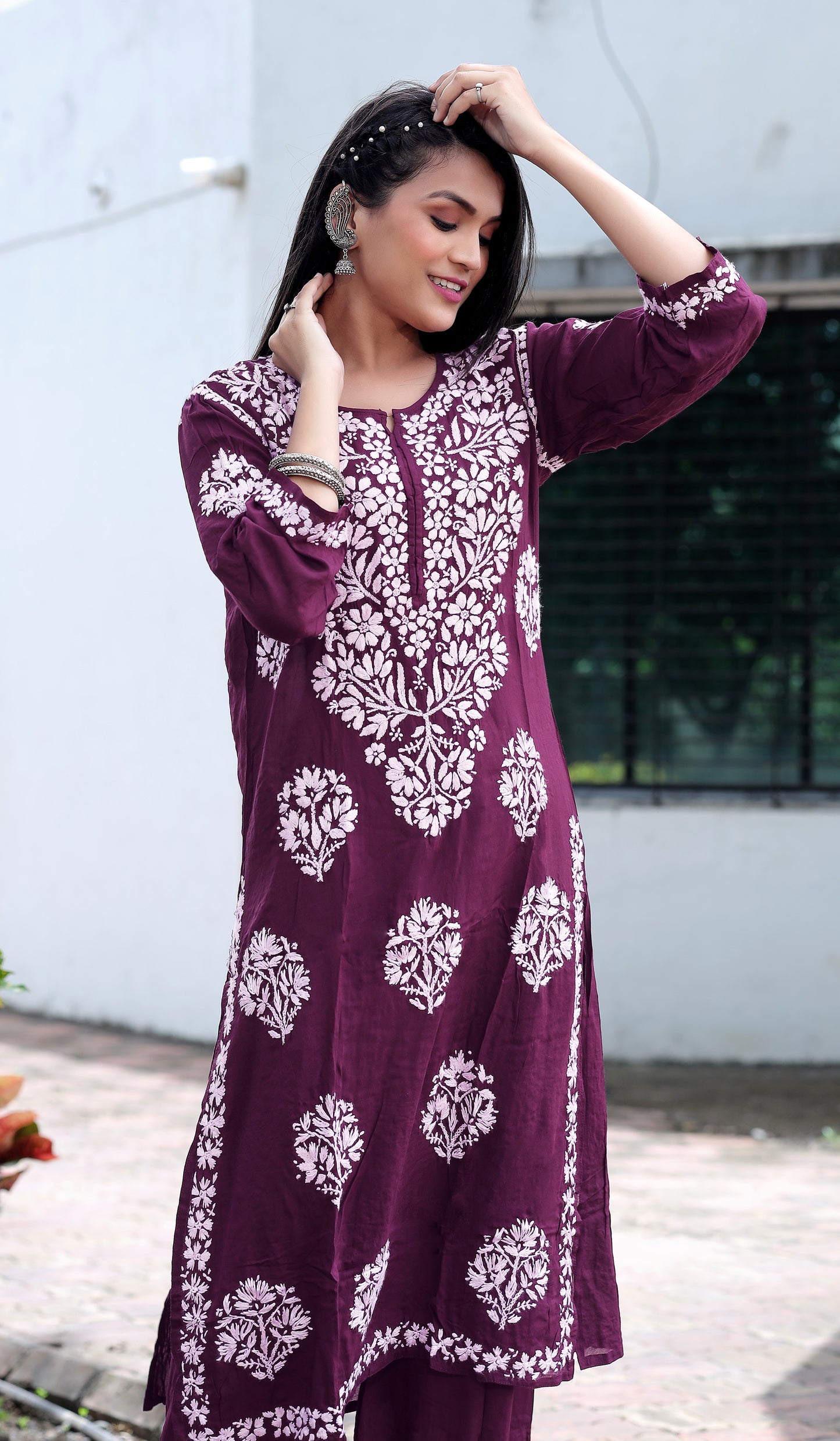 Wine Chikankari Modal Straight Kurta Set