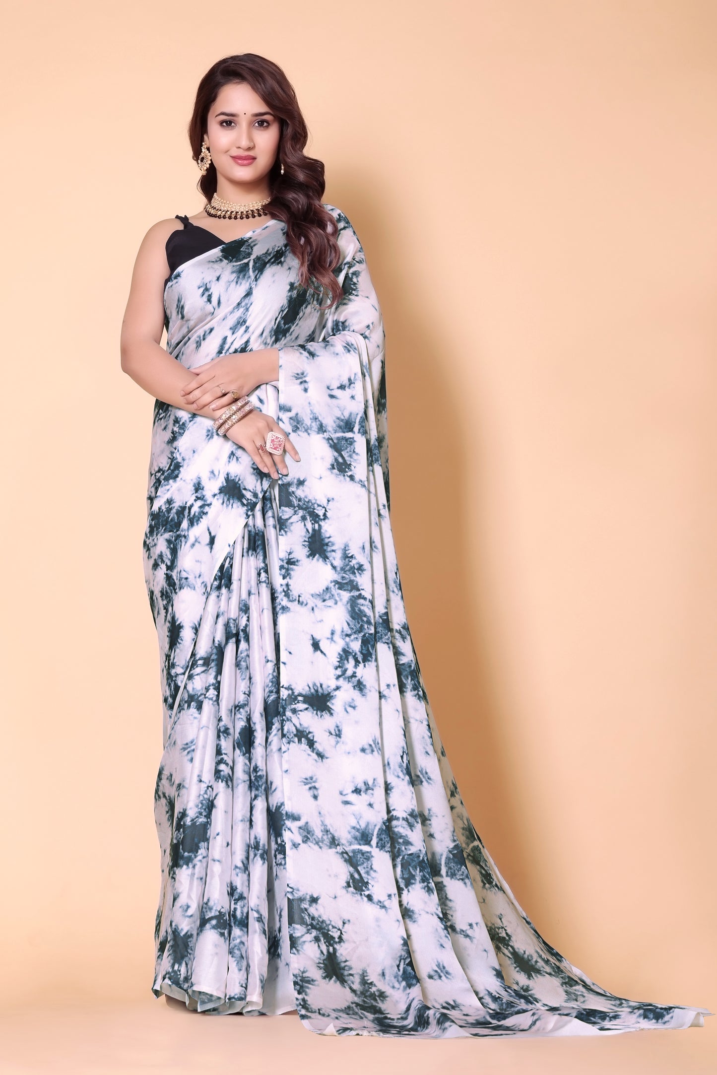 Printed Crepe Silk Saree - White