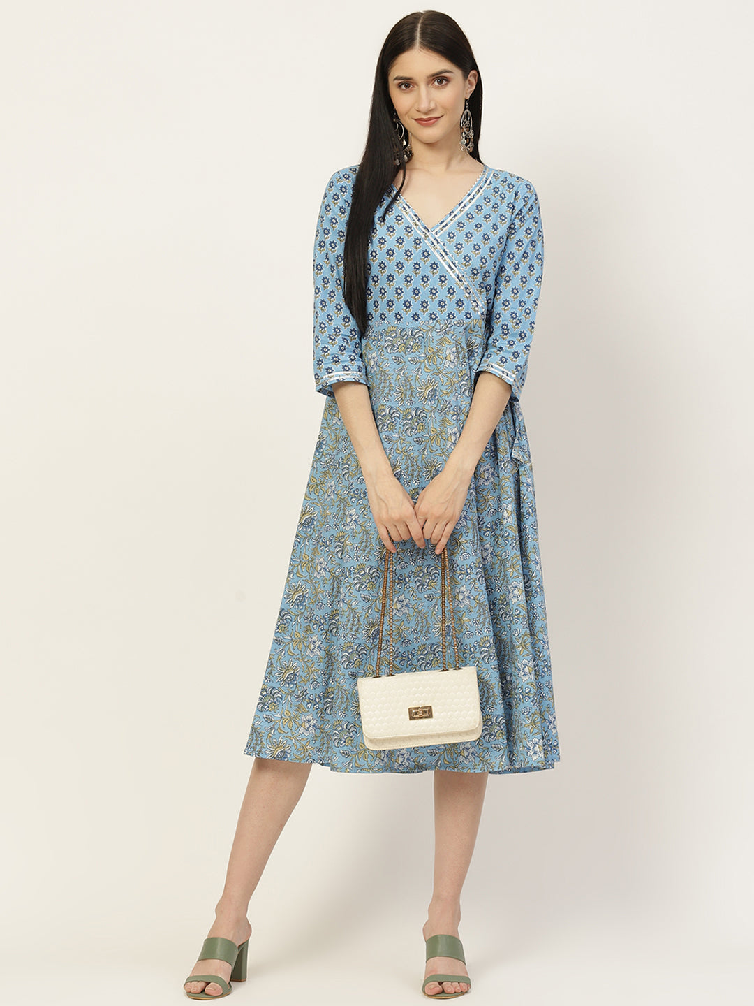 Blue Ethnic Motifs Printed Anarkali Tie-Up Dress - AbirabyBeena