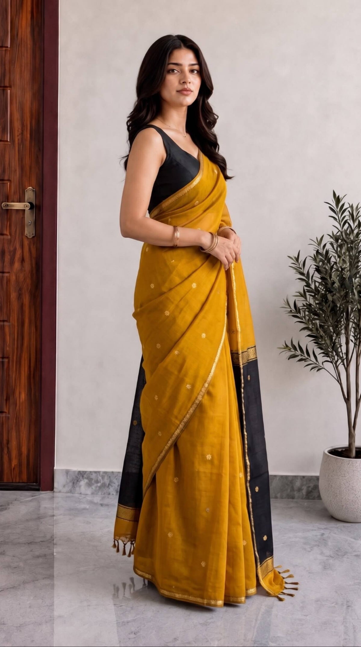 Mustard Maheshwari Cotton Saree with Black Pallu