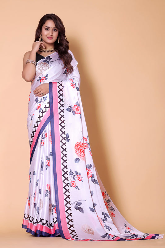 Printed Crepe Silk Saree - White Flowered
